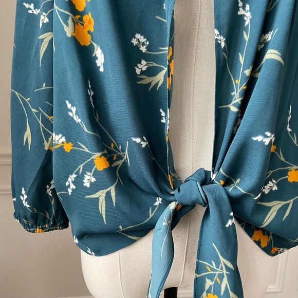 Collective Concept Stitch Fix Open Front Knotted Green Floral Blouse M Petite - Picture 4 of 9